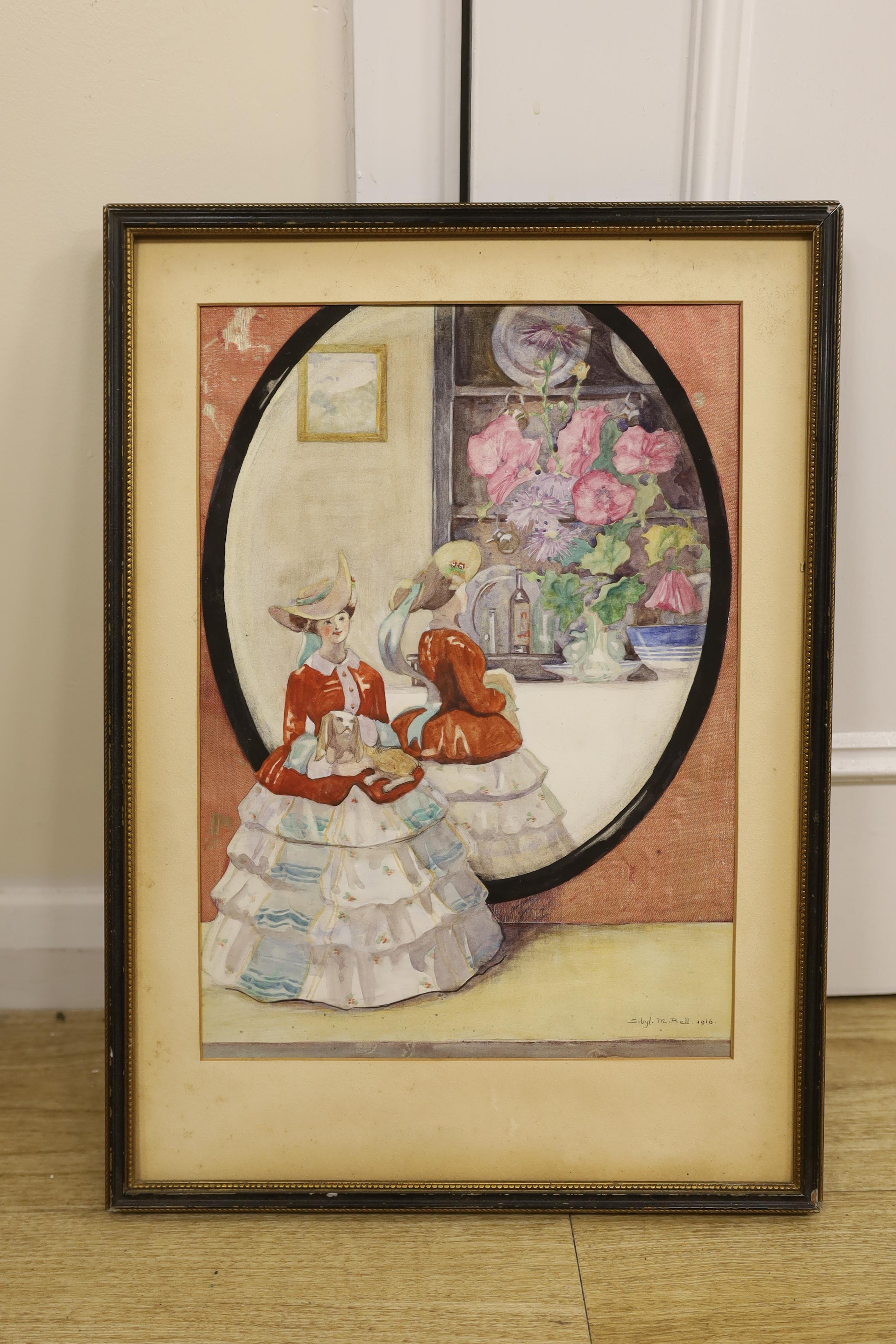 Sibyl M. Bell (19th / 20th. C) watercolour and collage, Crinoline lady before flowers, signed and dated 1916, inscribed verso ‘Exhibited Society of Women Artists’, 36 x 25cm